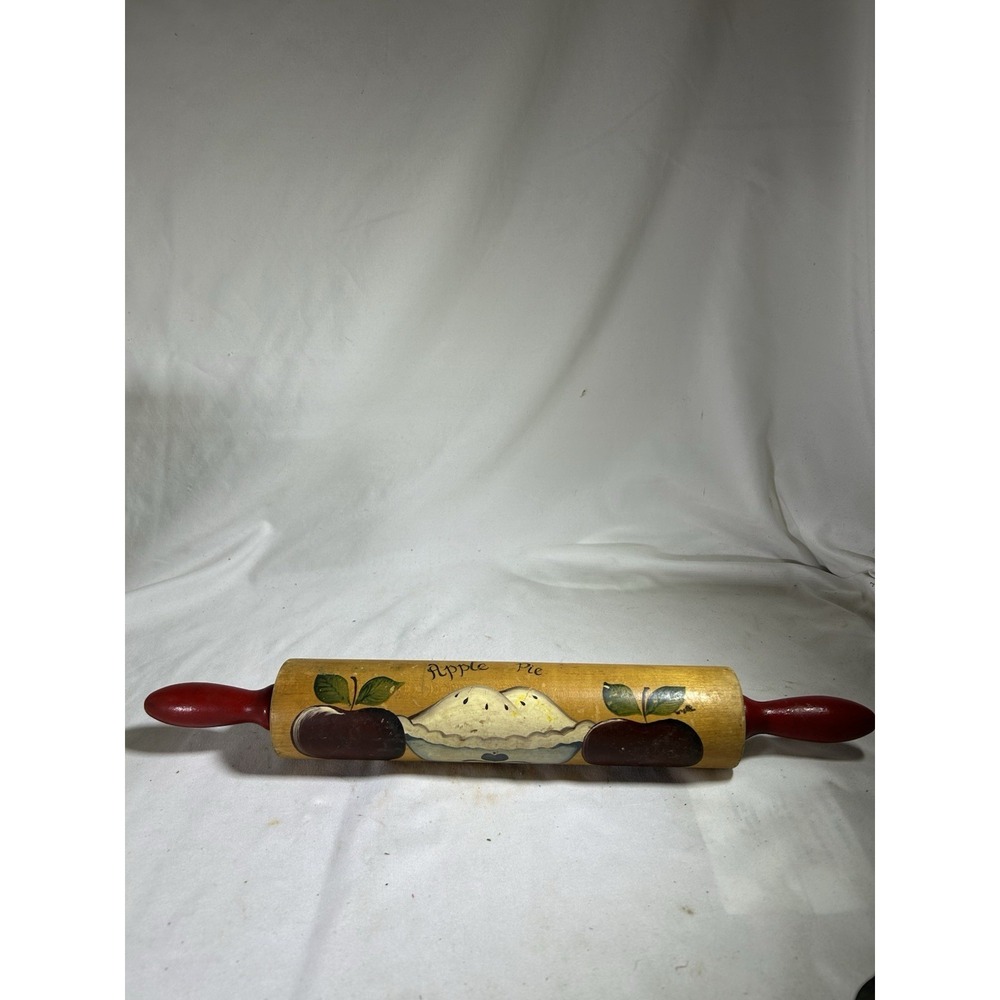 16" Vintage Painted Wood Rolling Pin Red Handles Primitive Farmhouse Apple Pie